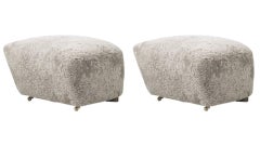 Set of 2 Green Tea Smoked Oak Sheepskin the Tired Man Footstools by Lassen
