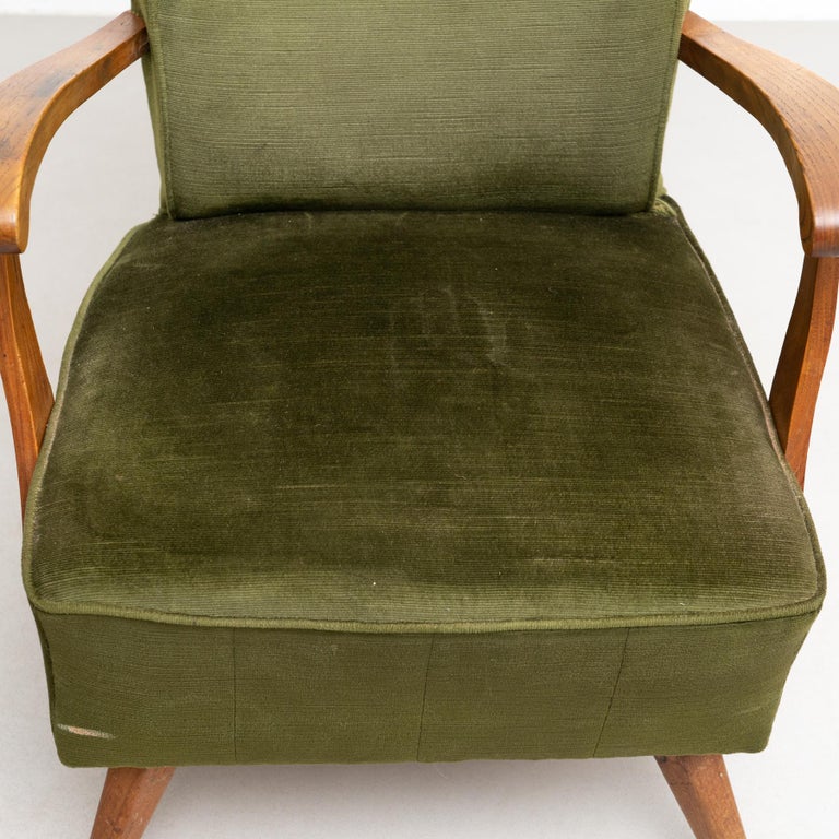 Set of 2 Green Velvet and Oak Wood Armchairs and a Sofa, circa 1950 5