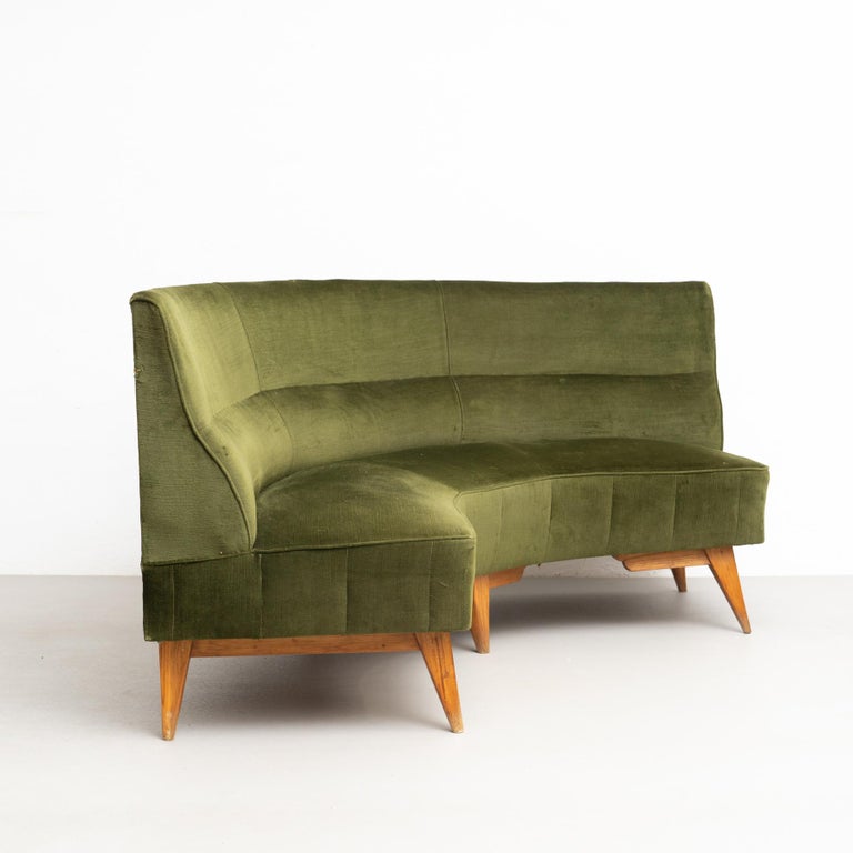 Set of 2 Green Velvet and Oak Wood Armchairs and a Sofa, circa 1950 8