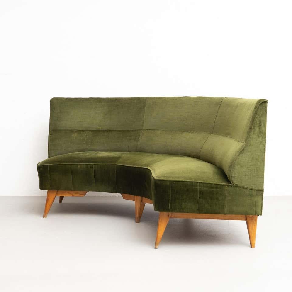 Set of 2 Green Velvet and Oak Wood Armchairs and a Sofa, circa 1950 For Sale 8