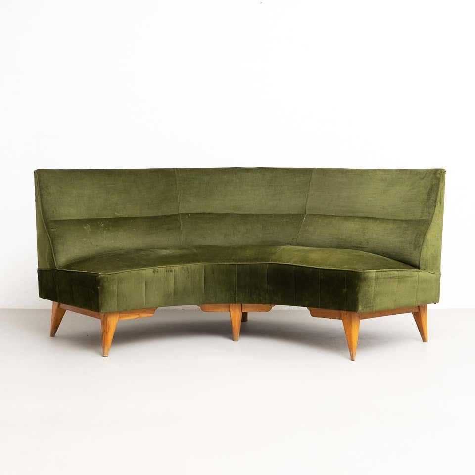 Set of 2 Green Velvet and Oak Wood Armchairs and a Sofa, circa 1950 For Sale 9