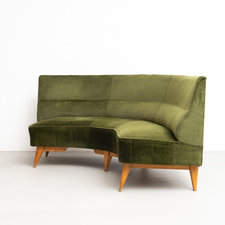 Set of 2 Green Velvet and Oak Wood Armchairs and a Sofa, circa 1950 11