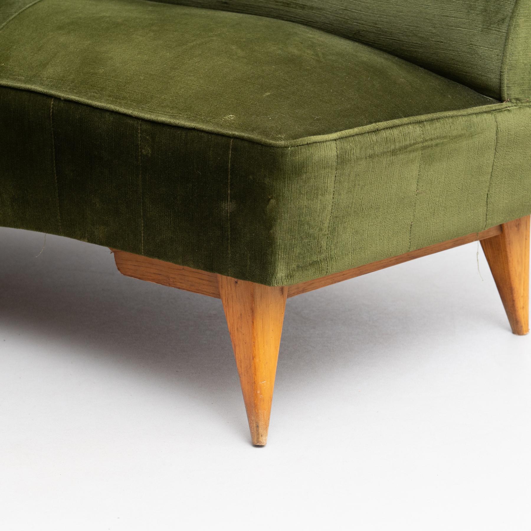 Set of 2 Green Velvet and Oak Wood Armchairs and a Sofa, circa 1950 12