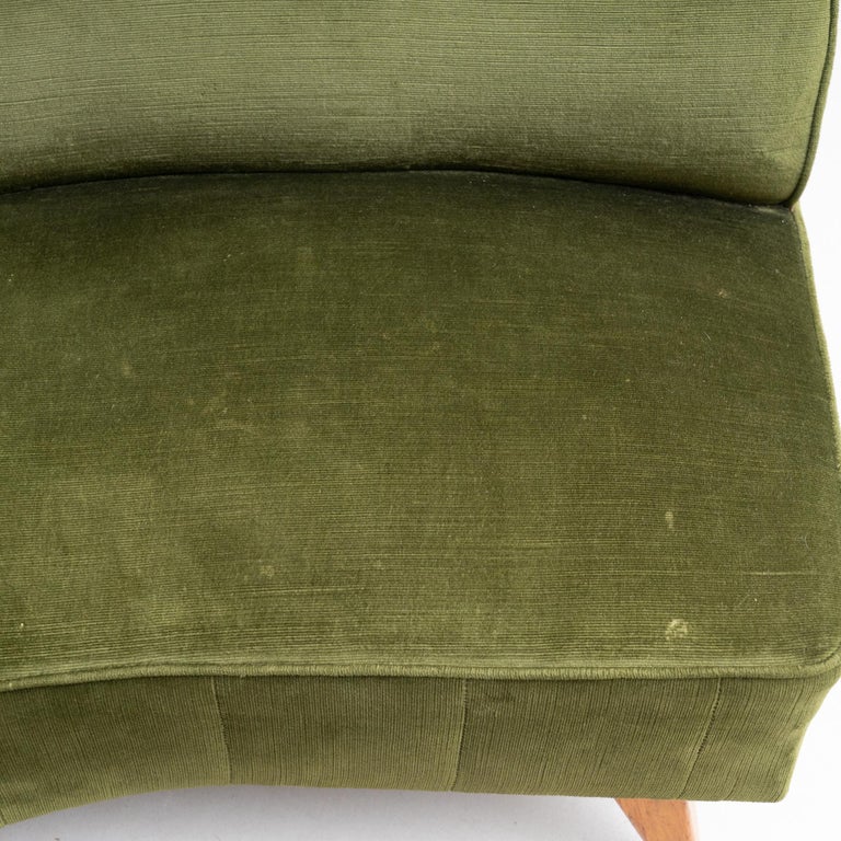 Set of 2 Green Velvet and Oak Wood Armchairs and a Sofa, circa 1950 13