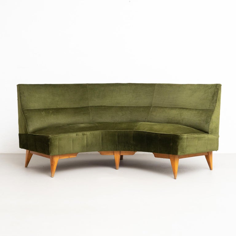 Set of 2 Green Velvet and Oak Wood Armchairs and a Sofa, circa 1950 14