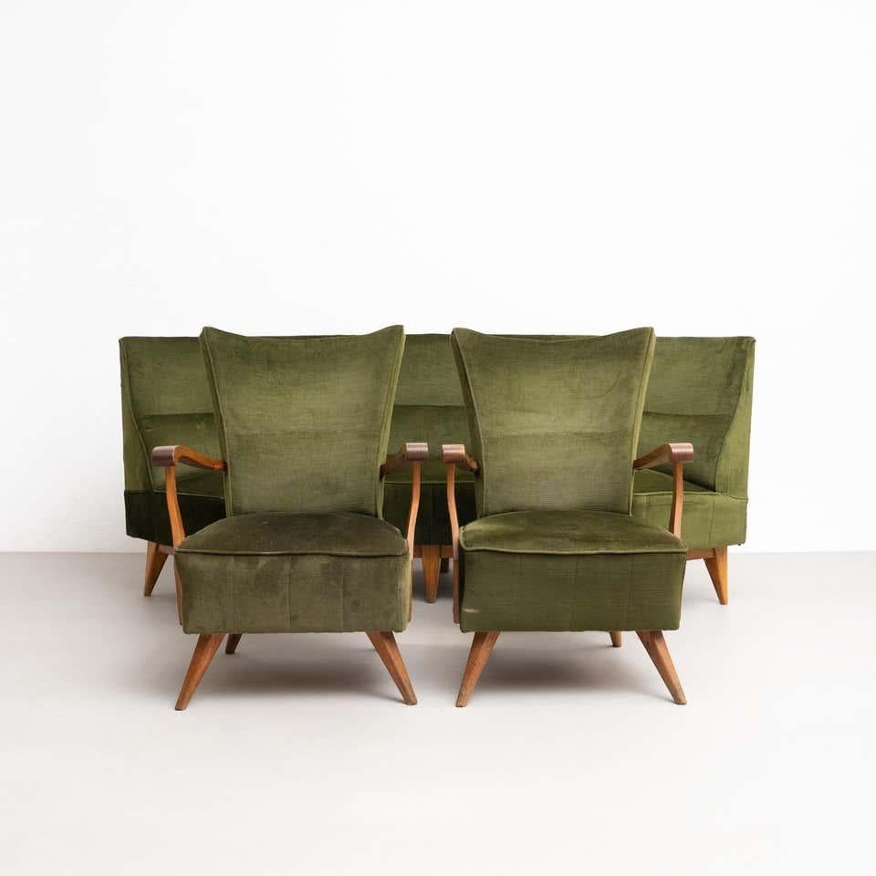 Set of 2 Green Velvet and Oak Wood Armchairs and a Sofa, circa 1950 For Sale 13