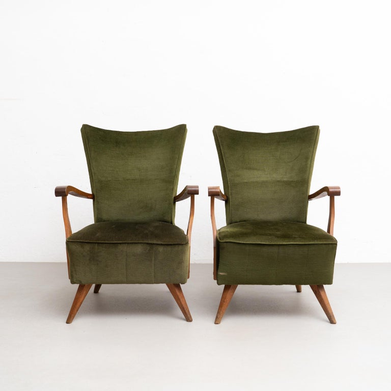 Spanish Set of 2 Green Velvet and Oak Wood Armchairs and a Sofa, circa 1950