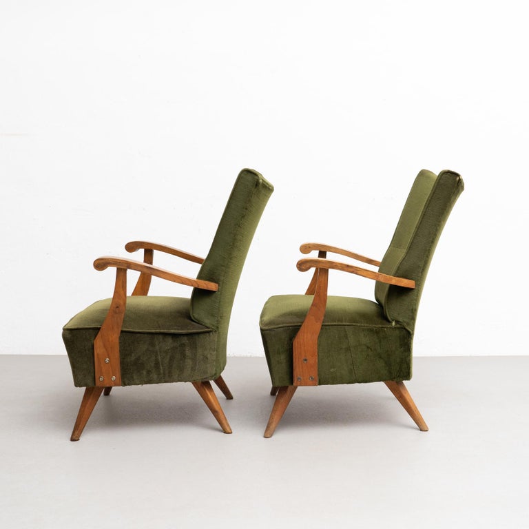 Mid-20th Century Set of 2 Green Velvet and Oak Wood Armchairs and a Sofa, circa 1950