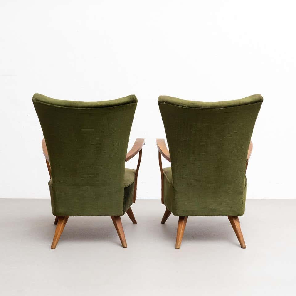Mid-20th Century Set of 2 Green Velvet and Oak Wood Armchairs and a Sofa, circa 1950 For Sale