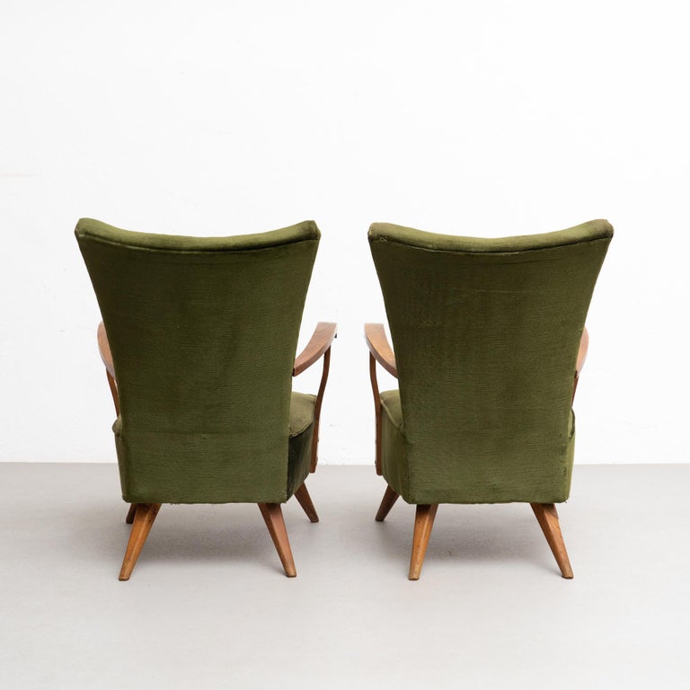 Set of 2 Green Velvet and Oak Wood Armchairs and a Sofa, circa 1950 2