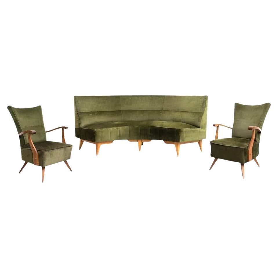 Set of 2 Green Velvet and Oak Wood Armchairs and a Sofa, circa 1950