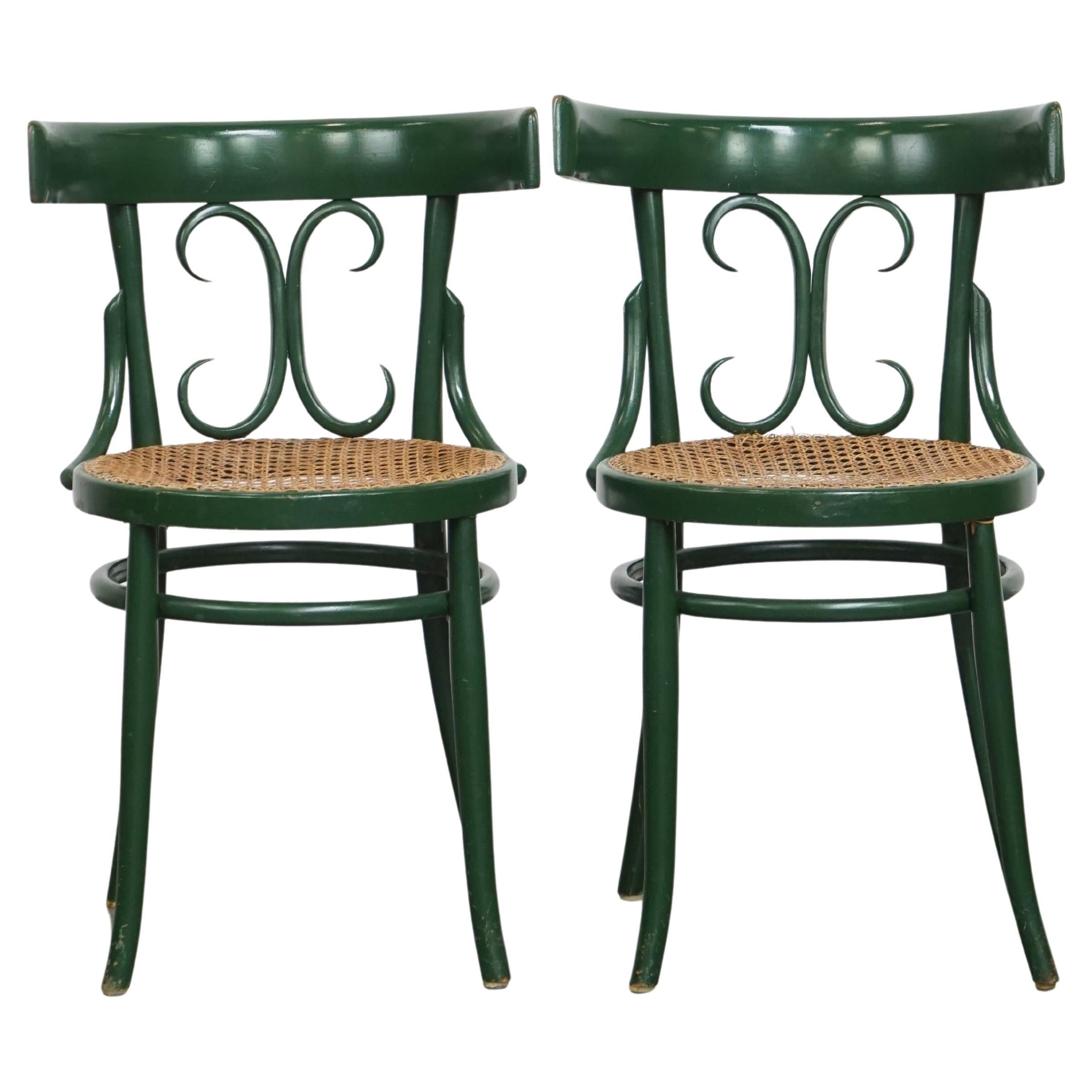 Set of 2 Green Vintage Bistro Chairs with Woven Reed Seats