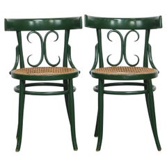 Set of 2 Green Used Bistro Chairs with Woven Reed Seats