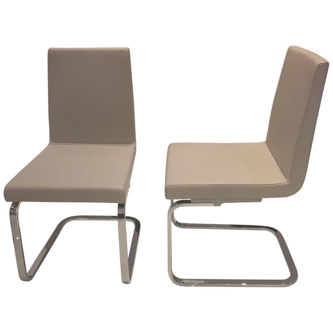 Set of 2 Grey Beige Leather Dining Chairs Polished Chrome Cantilever Base