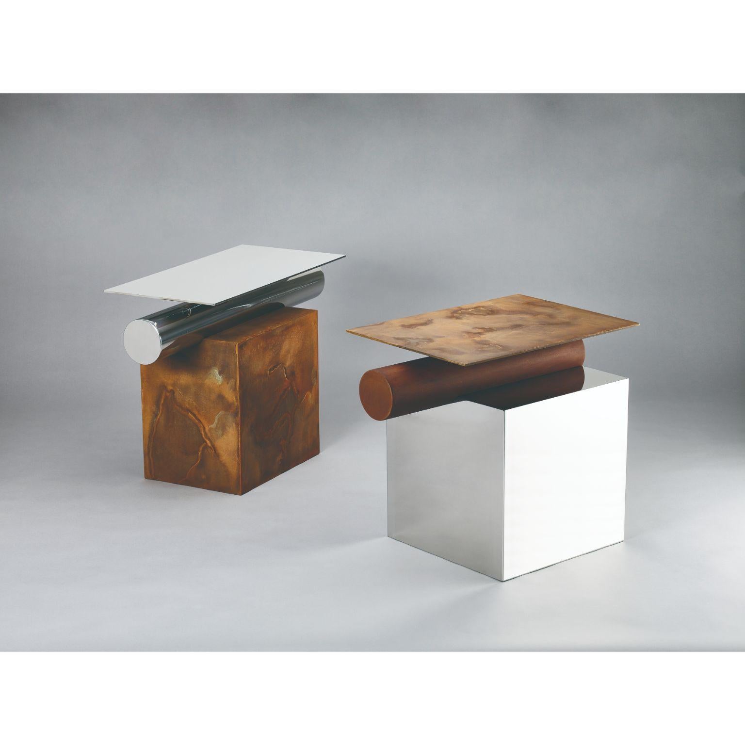 Set of 2 Gwol side table by Lee Jung Hoon
Dimensions: D80 x W33 x H52cm and D60 x W40 x H52 cm
Materials: Stainless steel, Iron Corrosion.

This work is designed under the theme of coexistence between the past and the future. Time has