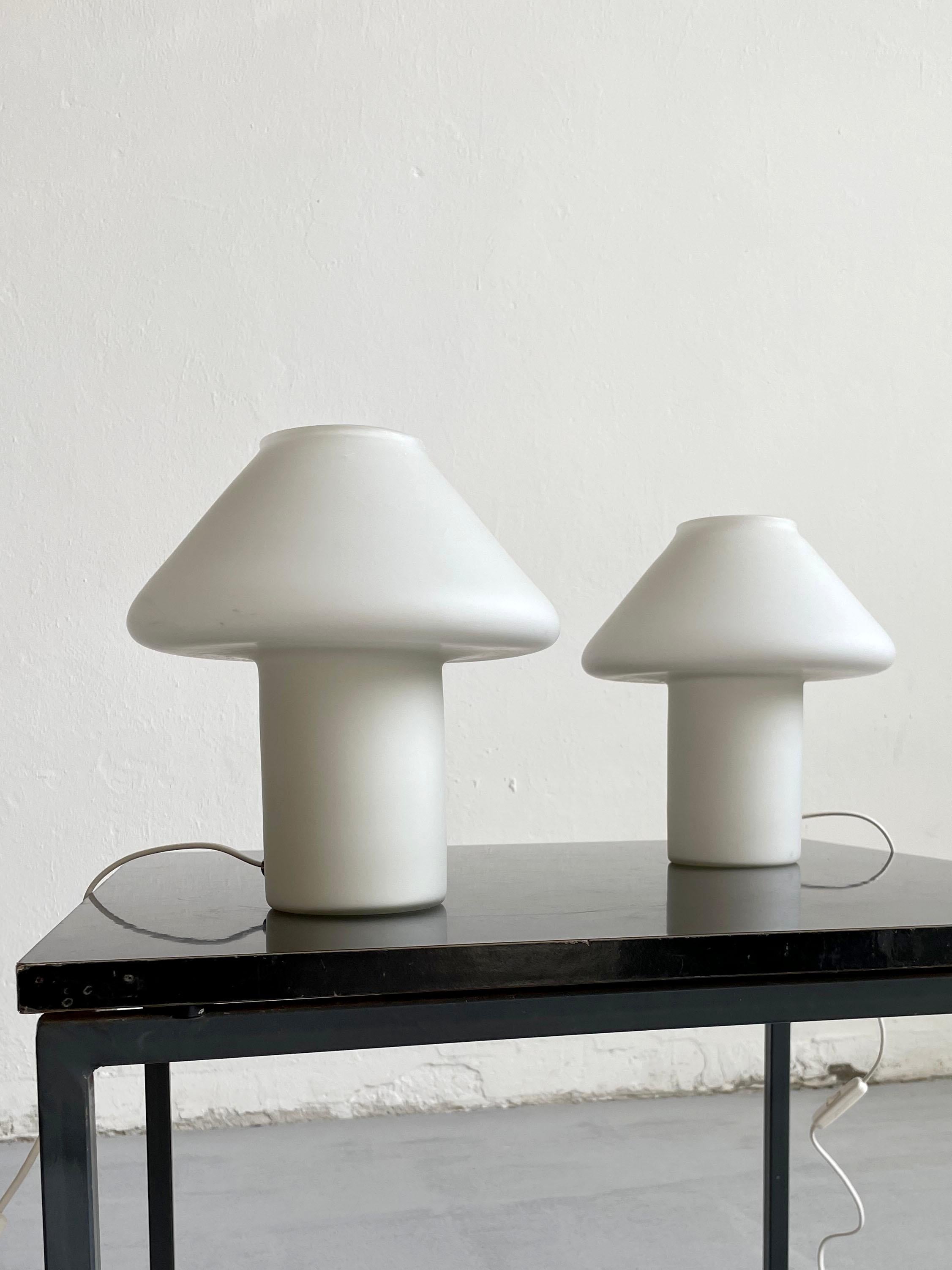 Mid-Century Modern Set of 2 Hala Zeist White Satin Glass Mushroom Lamps, Netherlands 1970s-1980s