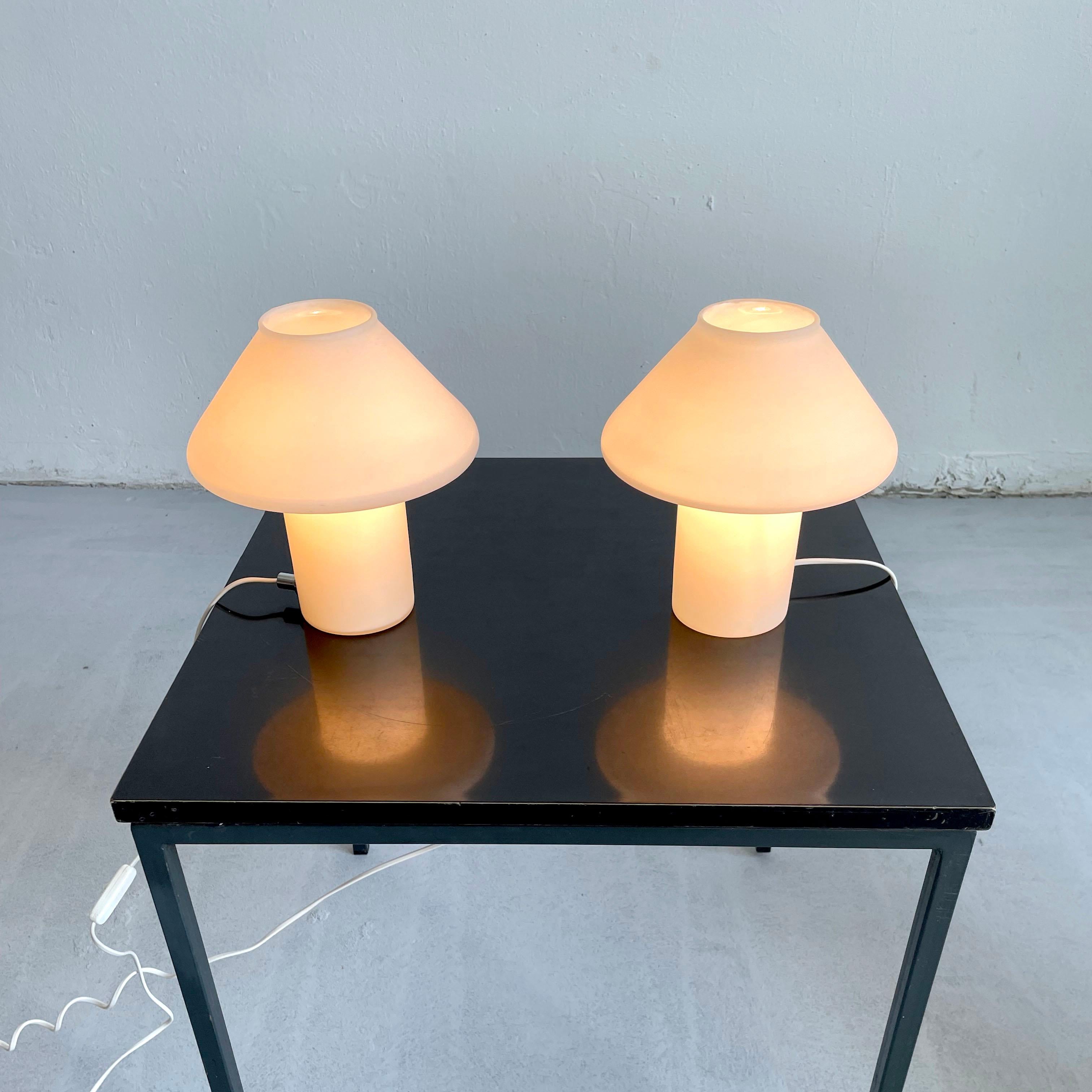 Dutch Set of 2 Hala Zeist White Satin Glass Mushroom Lamps, Netherlands 1970s-1980s
