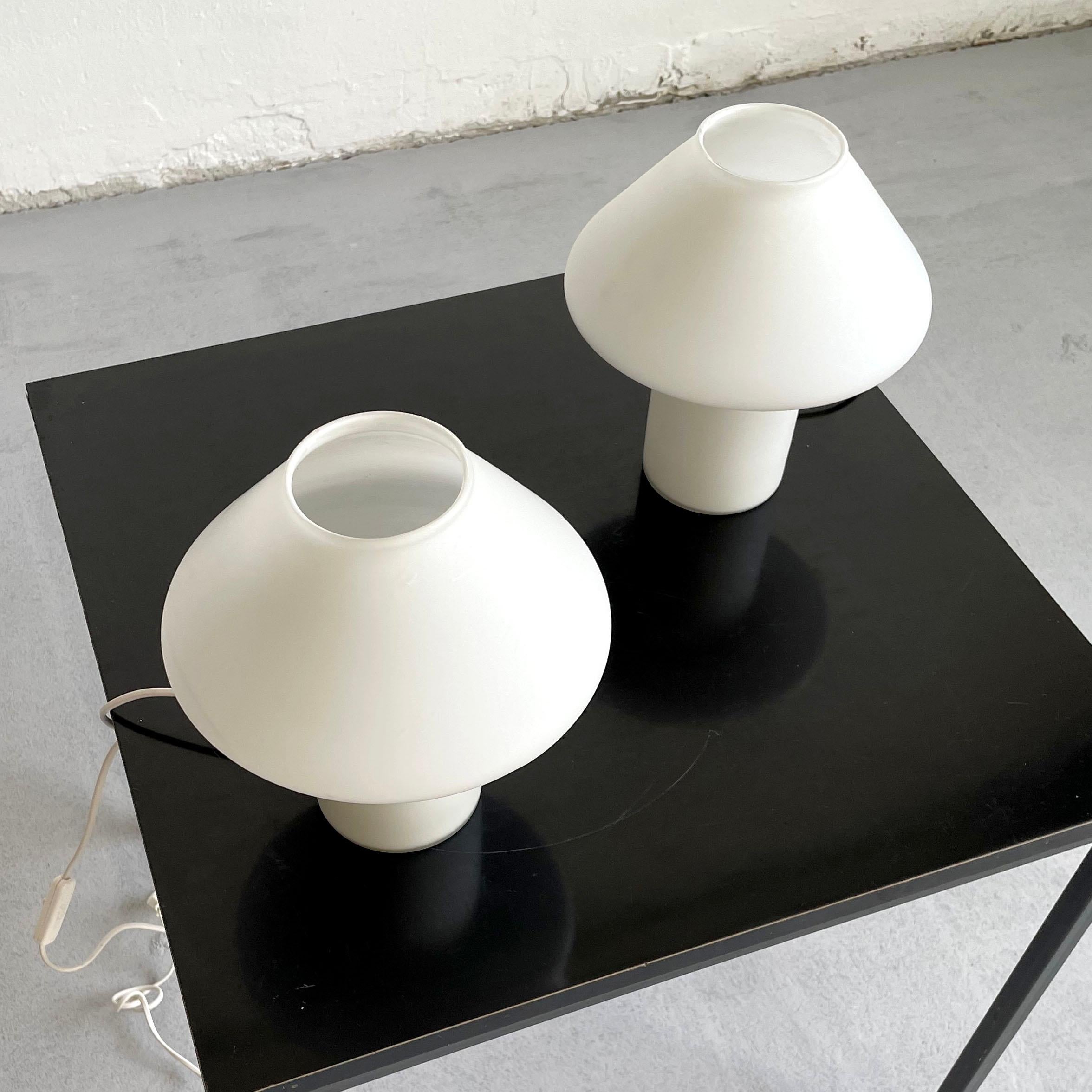 Late 20th Century Set of 2 Hala Zeist White Satin Glass Mushroom Lamps, Netherlands 1970s-1980s