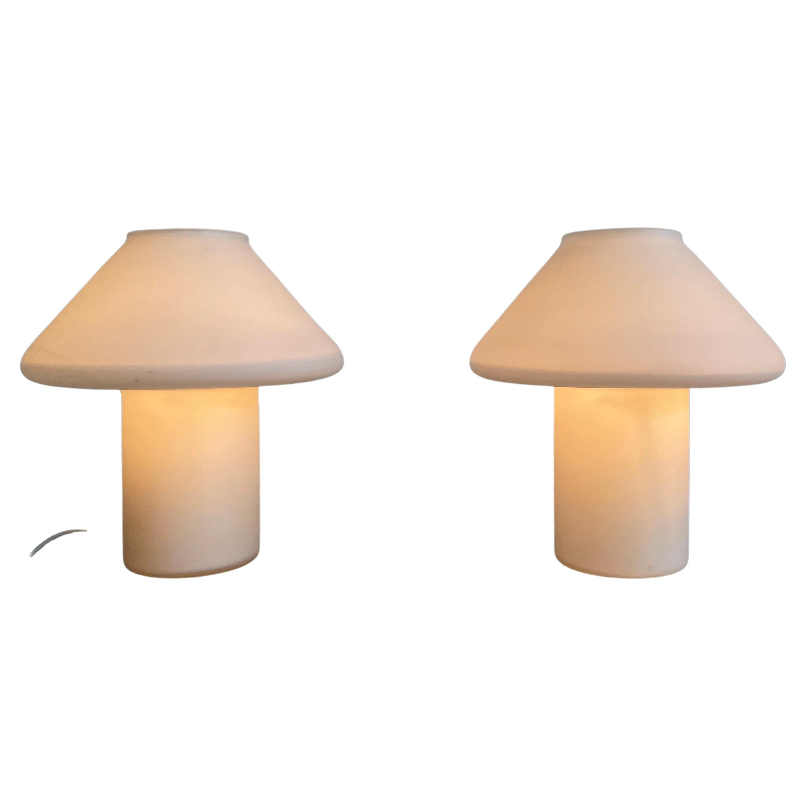 Set of 2 Hala Zeist White Satin Glass Mushroom Lamps, Netherlands 1970s-1980s