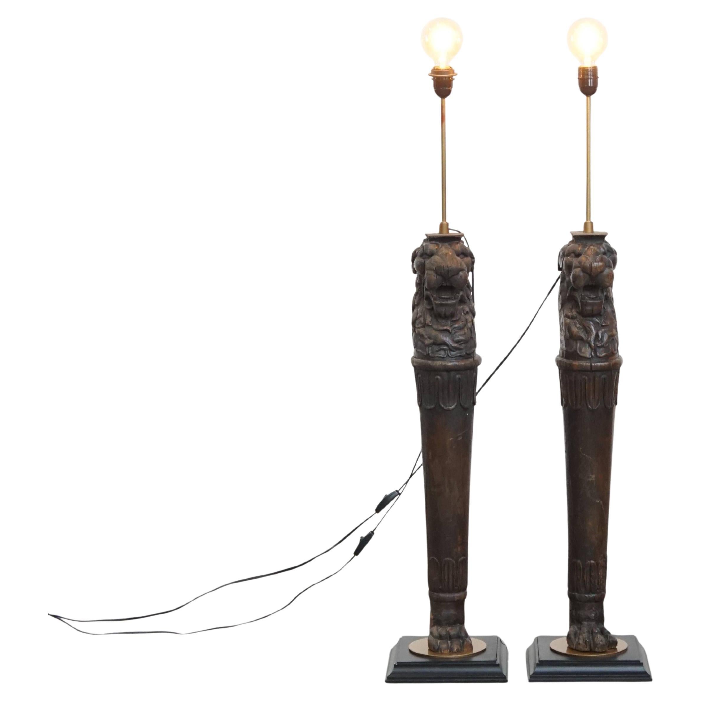 Set of 2 Hand-Carved Antique Wooden Floor Lamps with Lion Heads