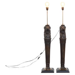 Set of 2 Hand-Carved Antique Wooden Floor Lamps with Lion Heads