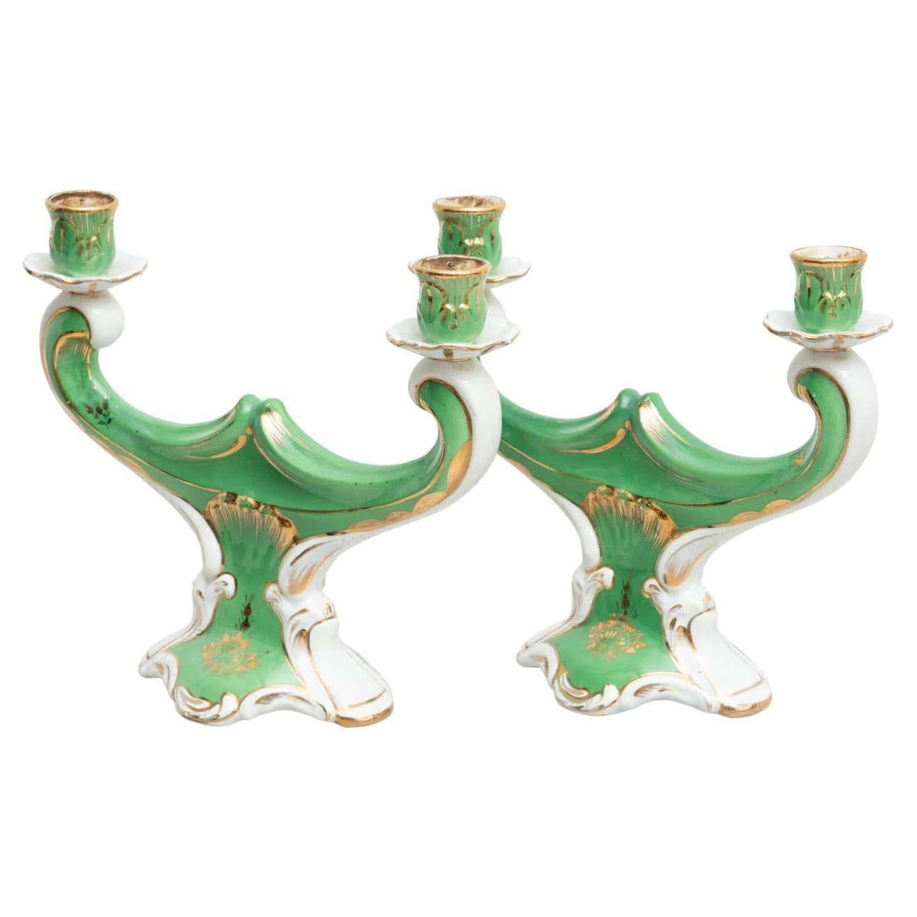 Set of 2 Hand Painted Ceramic Candle Holders, circa 1930 10