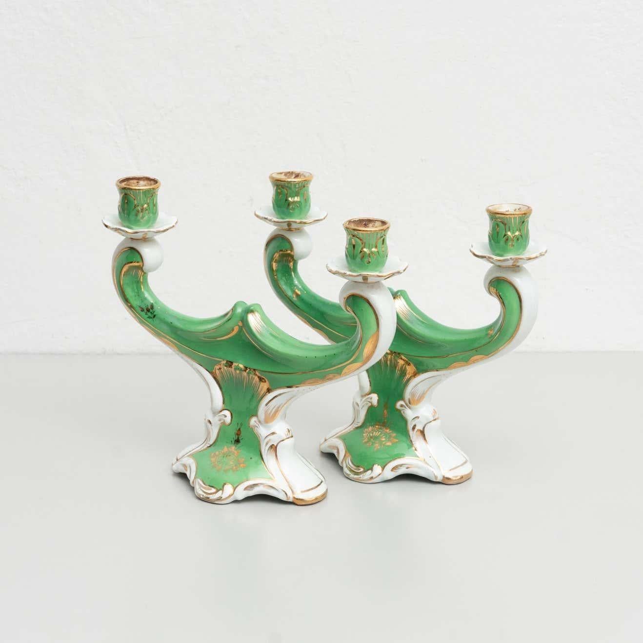 Mid-Century Modern Set of 2 Hand Painted Ceramic Candle Holders, circa 1930 For Sale