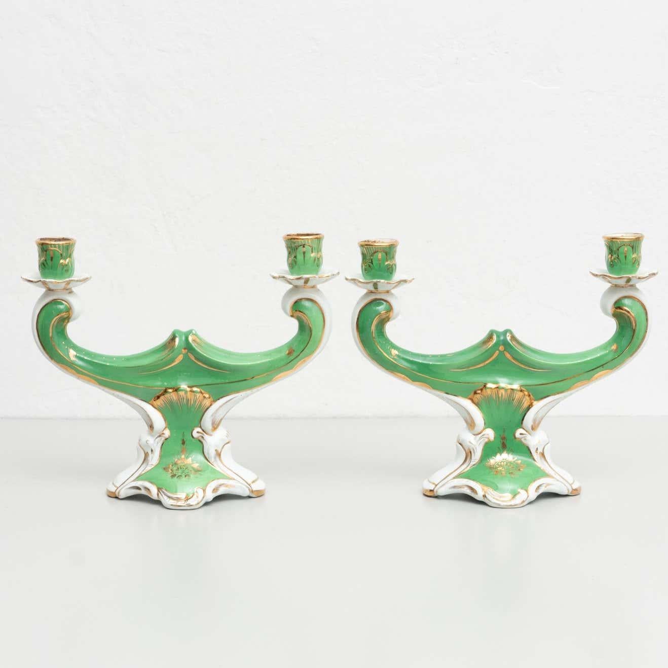 Hand-Painted Set of 2 Hand Painted Ceramic Candle Holders, circa 1930 For Sale