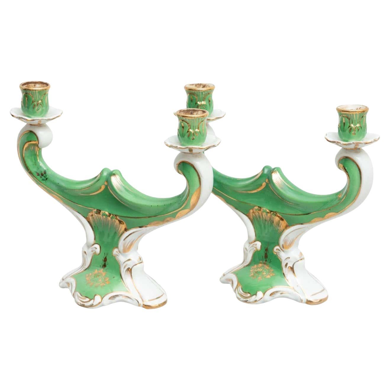 Set of 2 Hand Painted Ceramic Candle Holders, circa 1930 For Sale
