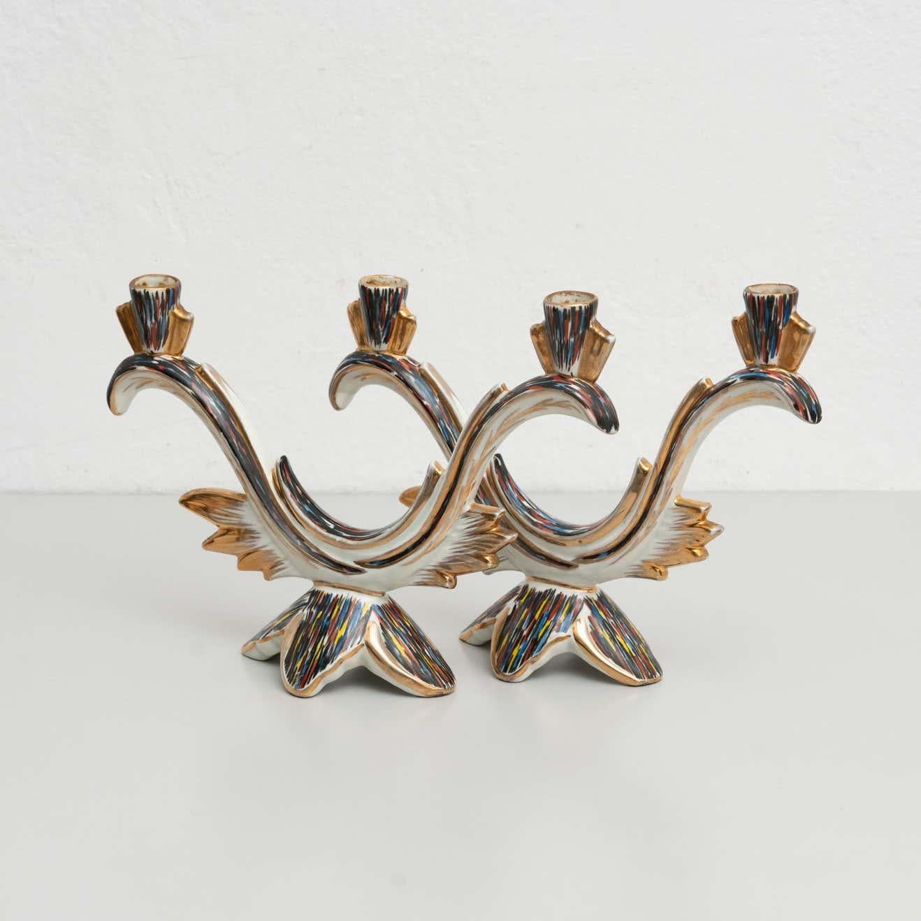 Mid-Century Modern Set of 2 Hand Painted Ceramic Candle Holders, circa 1940 For Sale