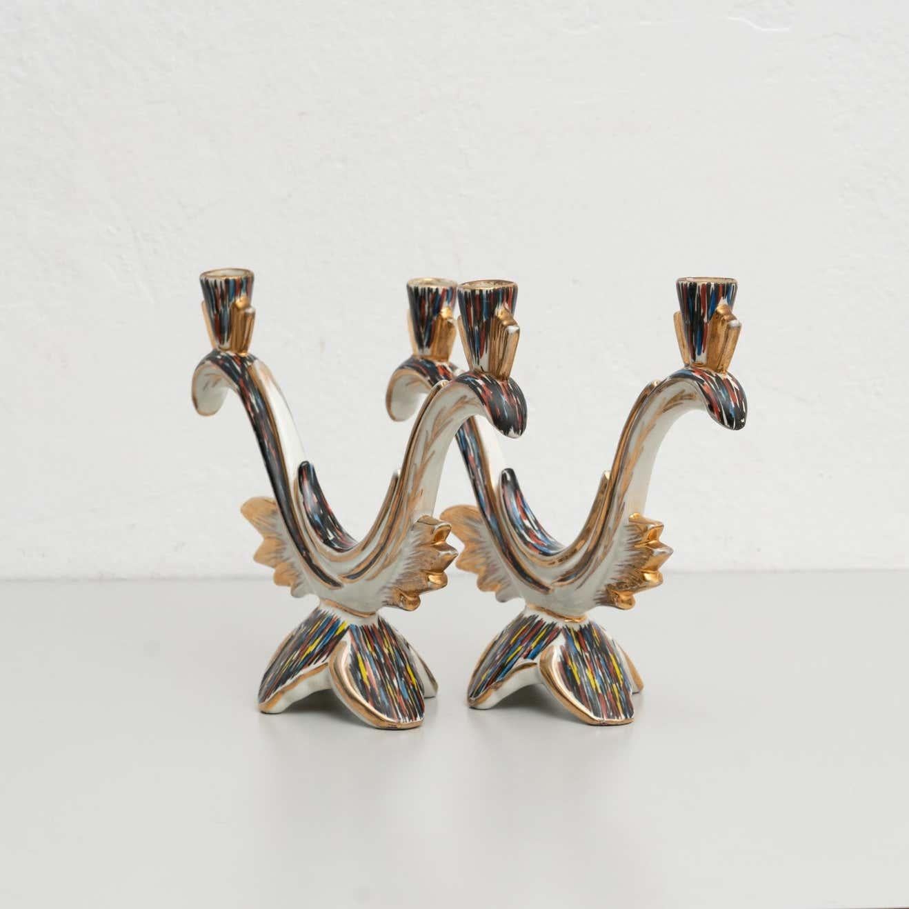 Spanish Set of 2 Hand Painted Ceramic Candle Holders, circa 1940 For Sale