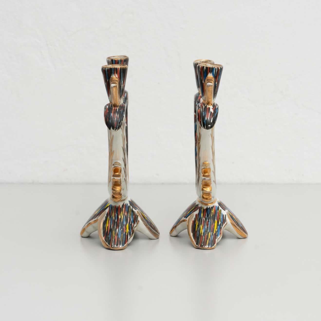 Set of 2 Hand Painted Ceramic Candle Holders, circa 1940 In Good Condition For Sale In Barcelona, Barcelona