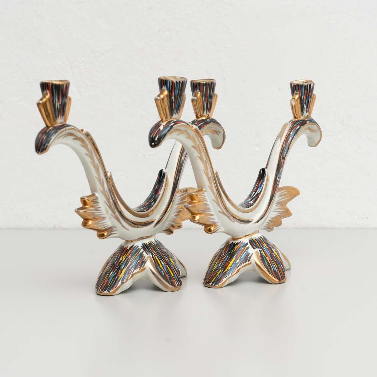 Mid-20th Century Set of 2 Hand Painted Ceramic Candle Holders, circa 1940 For Sale