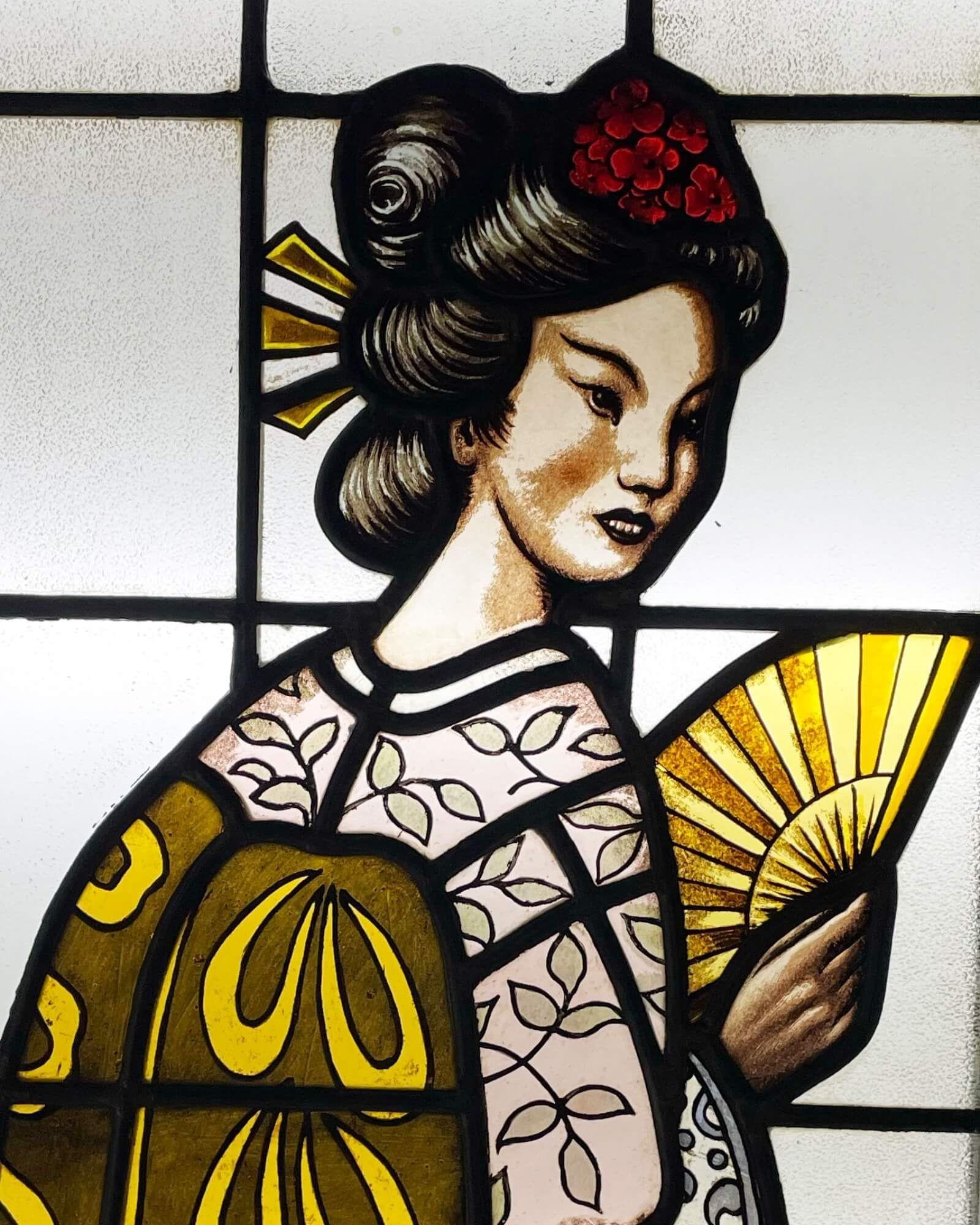 English Set of 2 Hand Painted Japanese Style Stained Glass Windows For Sale