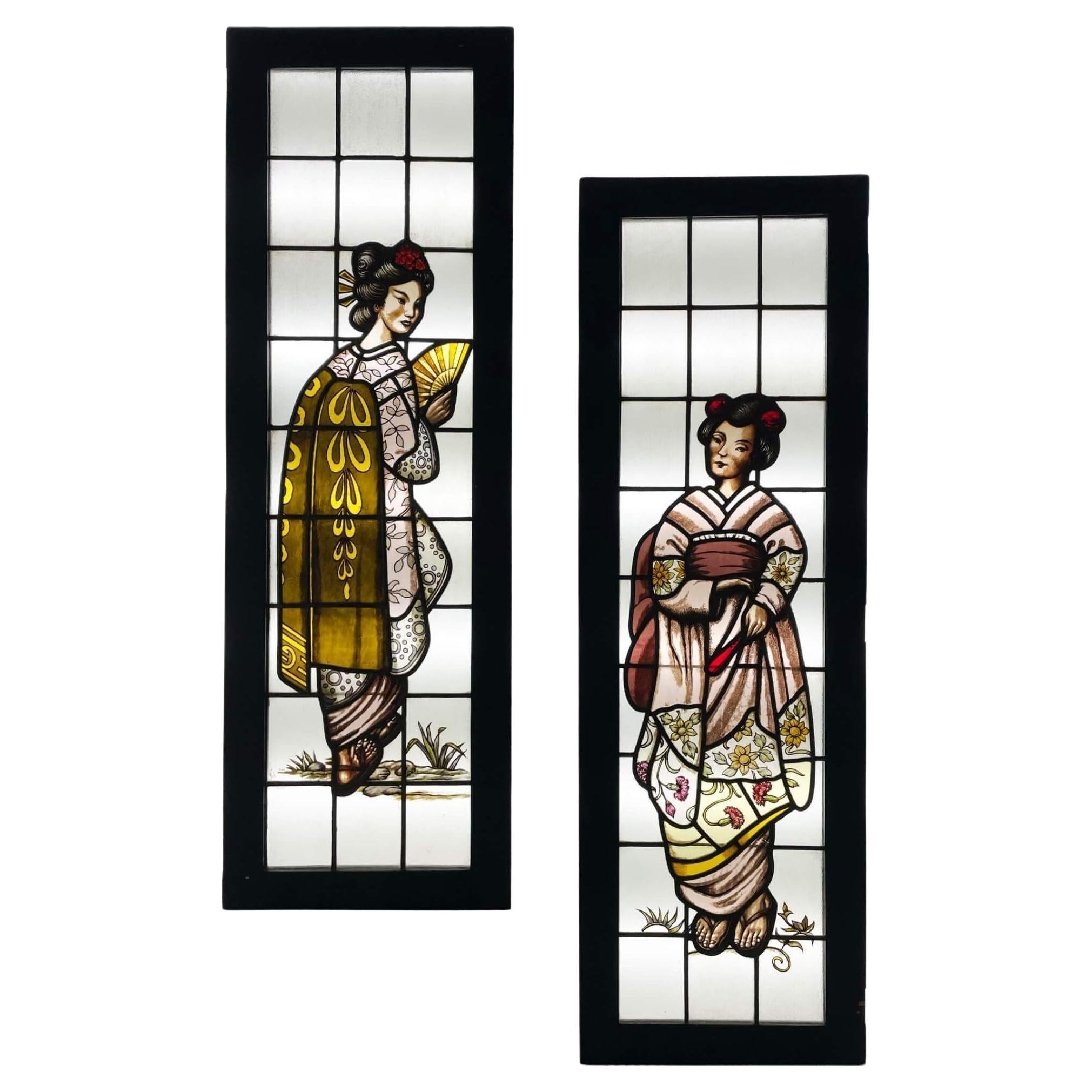 Set of 2 Hand Painted Japanese Style Stained Glass Windows For Sale