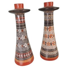 Set of '2' Hand-Painted Mexican Terracotta Vintage Tonala Candleholders