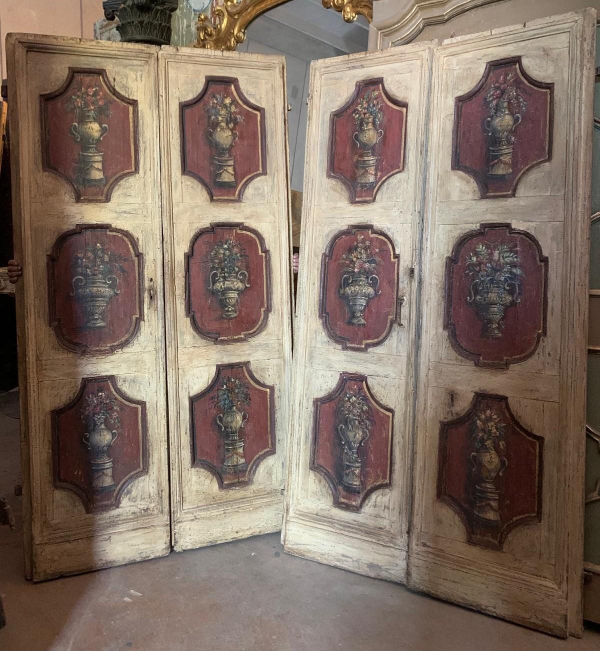 18th Century and Earlier set of 2 hand-painted wooden double doors, 6 cream and red panels, Florence For Sale