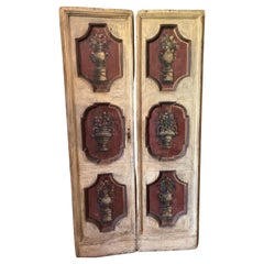Satz von 2 handbemalten Holz-Doppeltüren, 6 cremefarbenen und roten Paneelen, Florenz