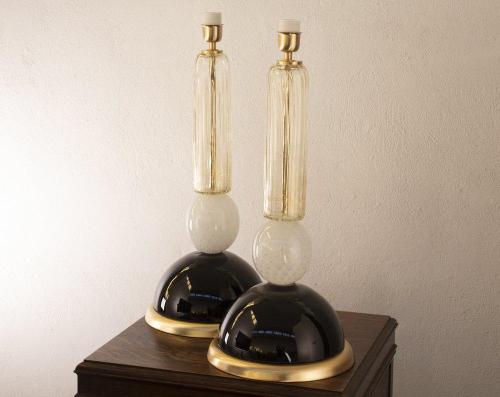 Italian Set of 2 Handcrafted Murano Glass Table Lamps in Black, White and Gold, Italy For Sale