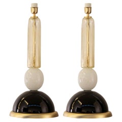 Satz von 2 handgefertigten Murano-Glas-Tischlampen in Schwarz, Weiß und Gold, Italien