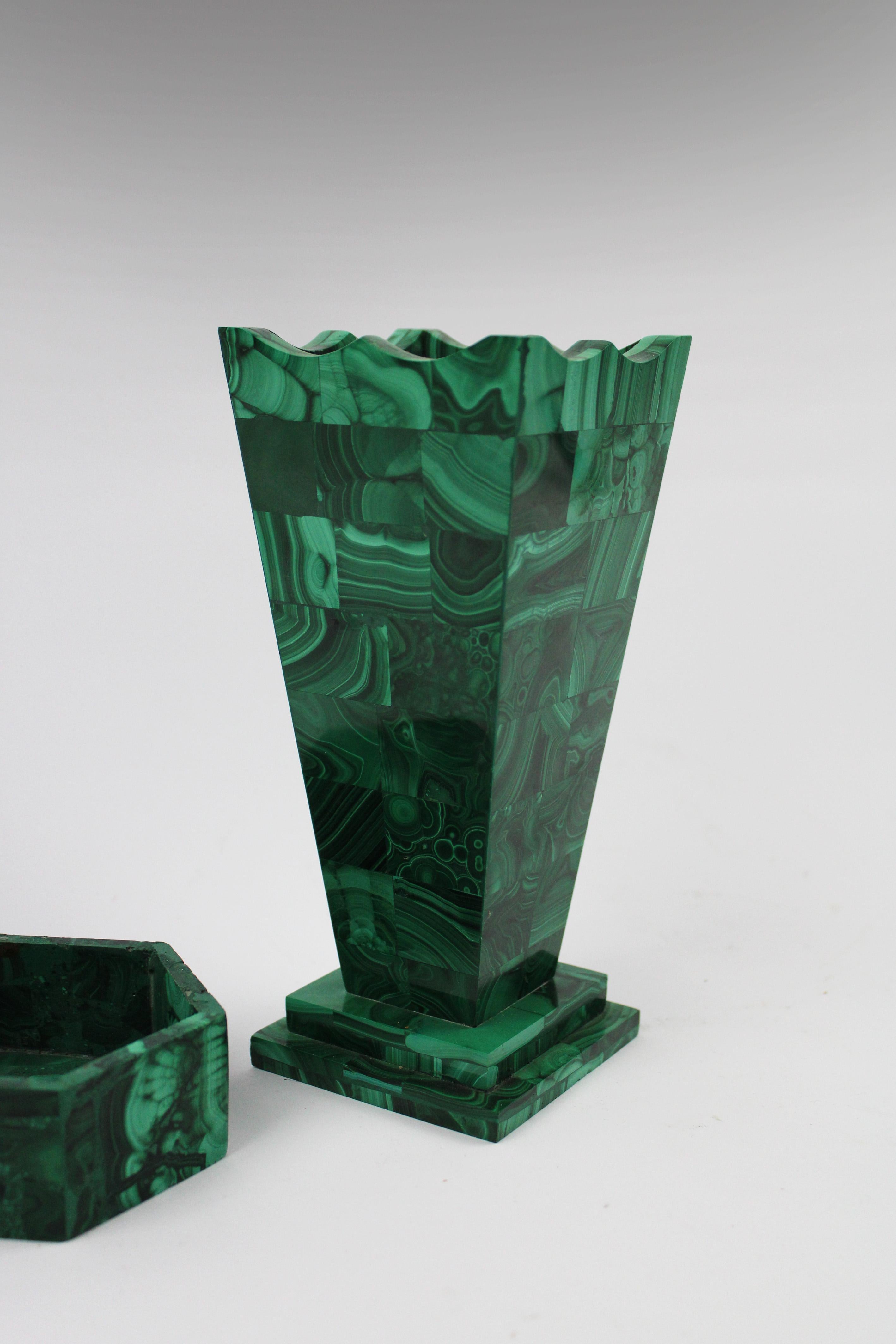 Congolese Set of 2 handmade Malachite square vase & Hexagon trinket box Art Deco Congo For Sale