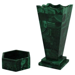Set of 2 handmade Malachite square vase & Hexagon trinket box Art Deco Congo