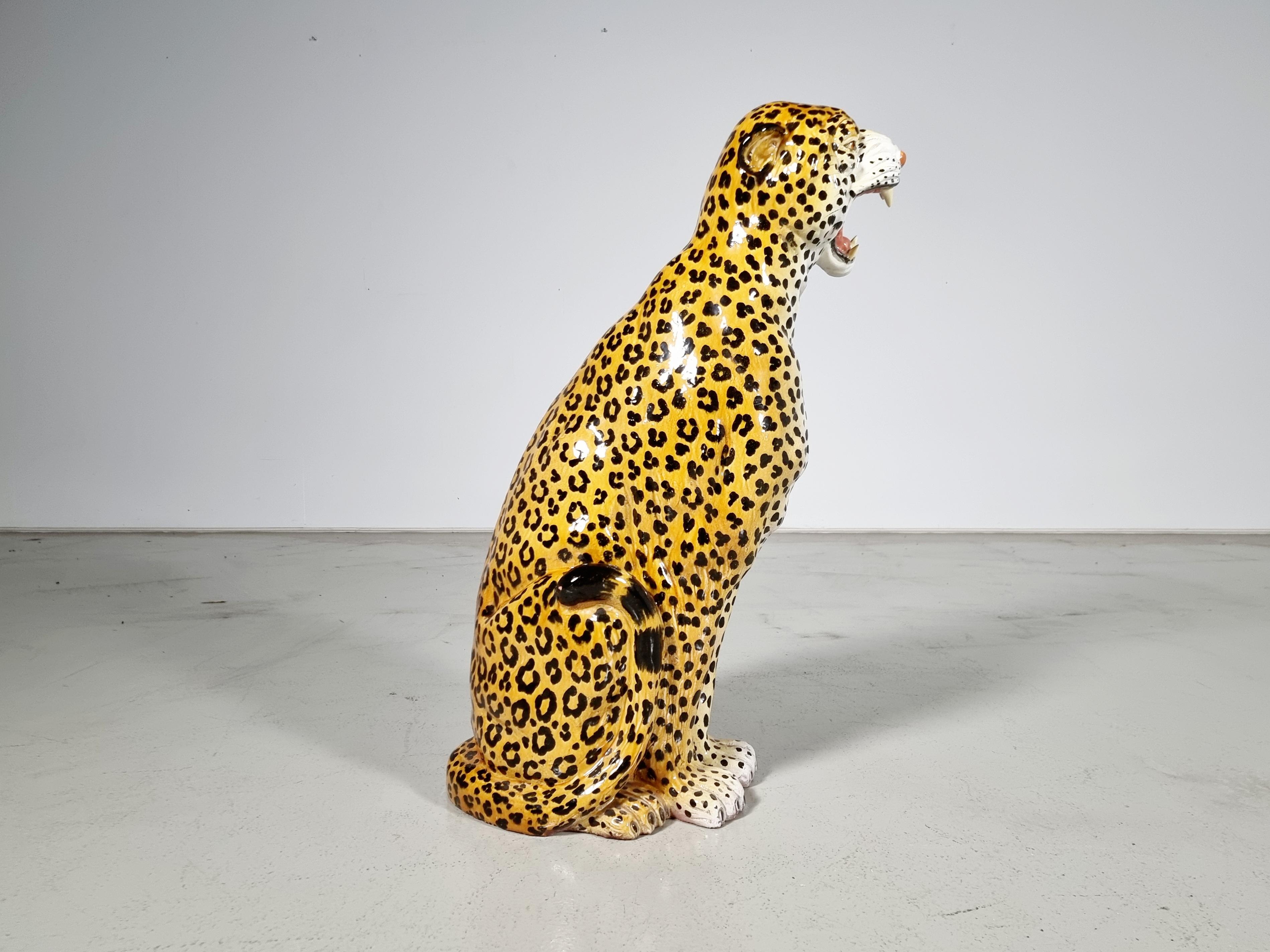 European Set of 2 Handpainted Ceramic Leopard Sculptures, Italy, 1960s