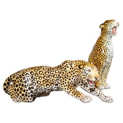 Ensemble de 2 sculptures de léopard en céramique peintes à la main, Italie, années 1960