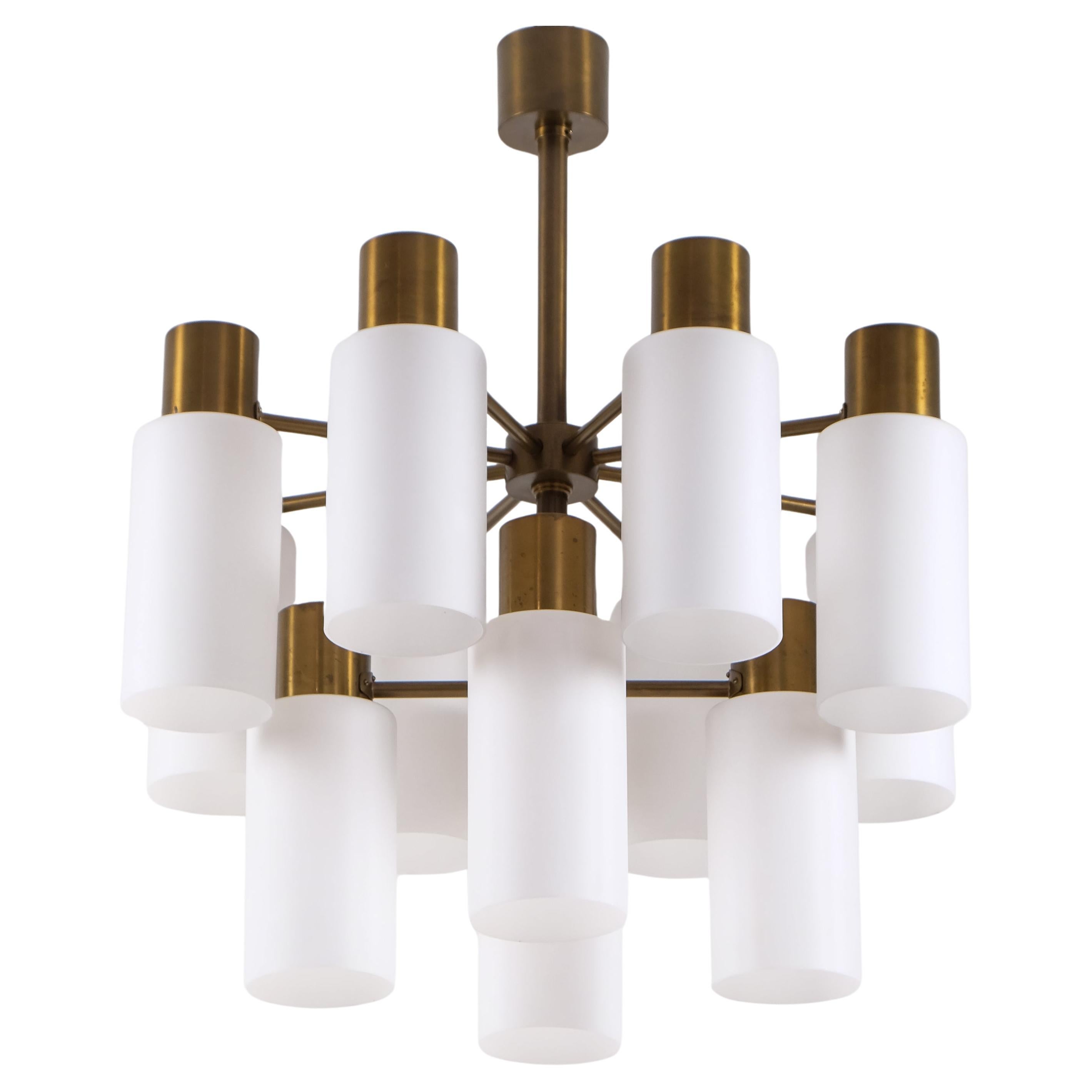 Hans-Agne Jakobsson Brass Chandelier with opaline Shades, 1960s