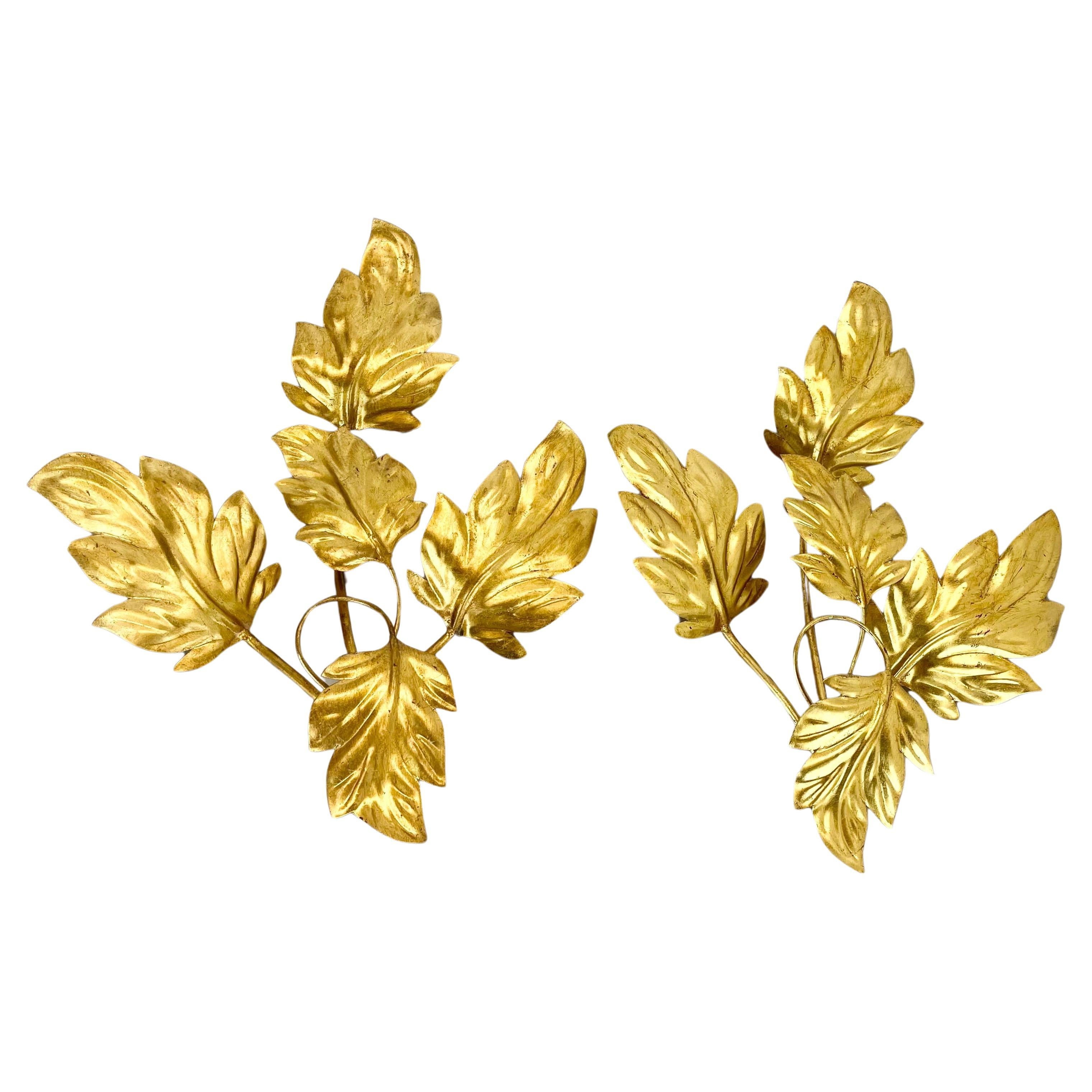 set of 2 Hans Kögl Style Golden Florentiner Leaf Wall Light Sconces, Italy, 1980 For Sale