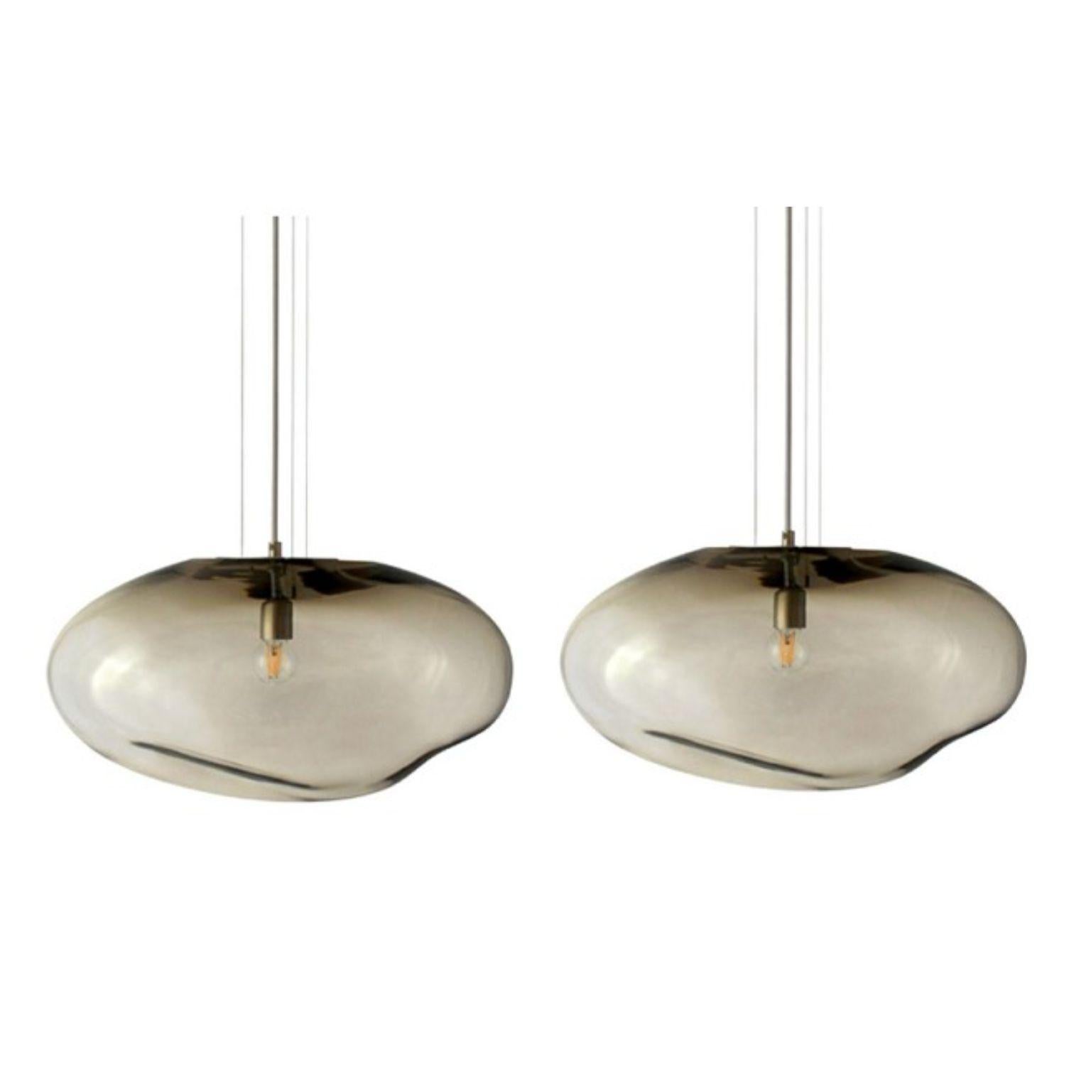 Set of 2 Haumea Amorph silver smoke L pendants by Eloa.
No UL listed 
Material: glass, steel, silver, LED Bulb
Dimensions: D27 x W39 x H30 cm
Also Available in different colours and dimensions.

All our lamps can be wired according to each country.