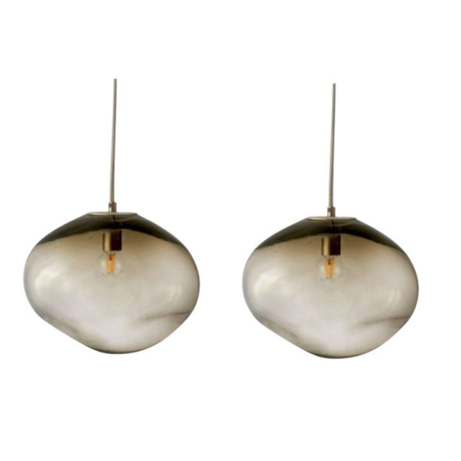 Set of 2 Haumea amorph silver smoke M pendants by Eloa.
No UL listed 
Material: glass, steel, silver, LED bulb.
Dimensions: D 30 x W 32 x H 27 cm.
Also available in different colours and dimensions.

All our lamps can be wired according to each