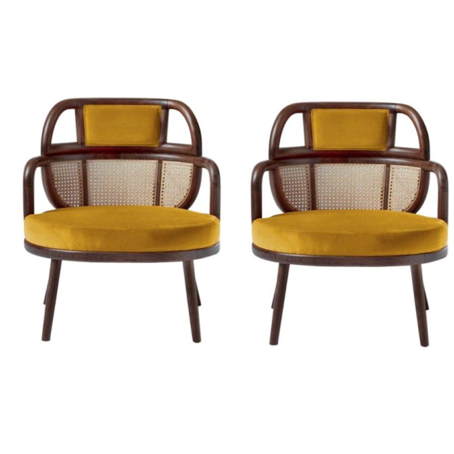 Set of 2 Havana armchairs by Dooq
Measures: W 70 cm 32”
D 62 cm 24”
H 79 cm 32”
seat height: 42 cm 16”

Materials: upholstery fabric or leather; structure solid wood feet lacquered MDF or solid wood rattan natural rattan. COM with natural