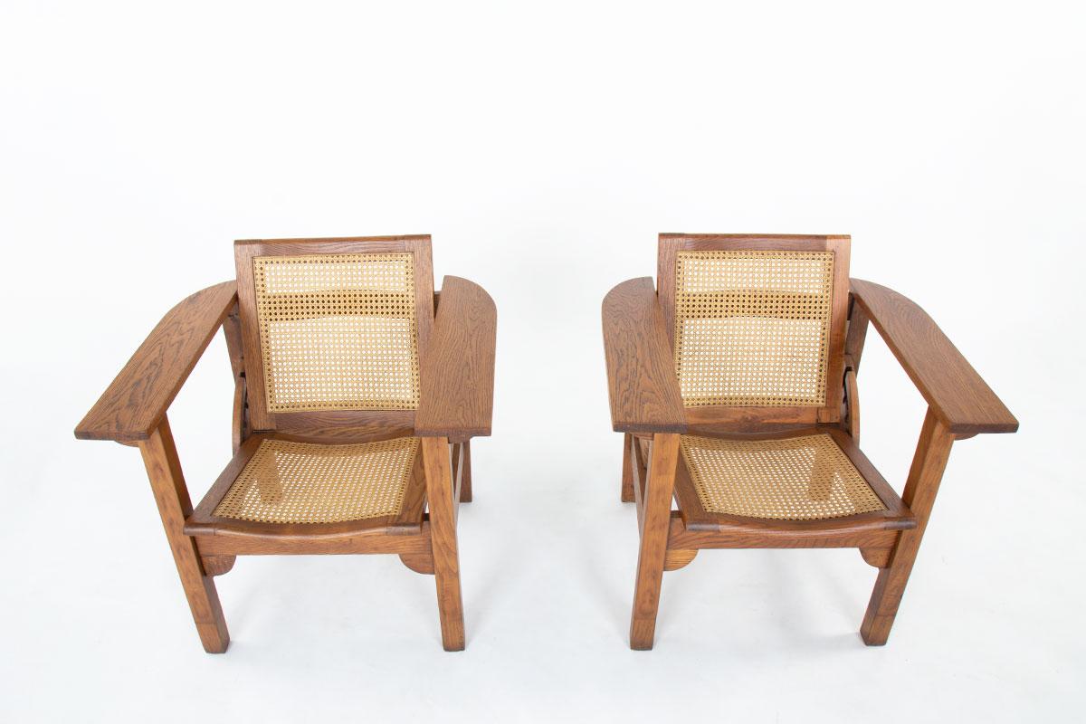Set of 2 Hendaye armchairs by Pierre Dariel in oak and caned, 1930 1